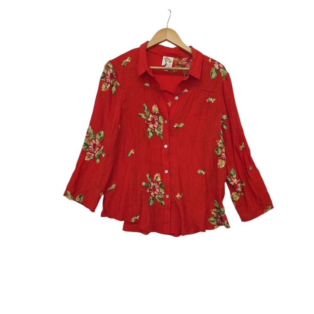 Anthropologie Fig & Flower Red Embroidered Roll Tab Sleeve Slits Top L XL